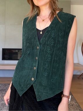 Embroidered Dark Forest Green Suede Vest XL to xxl